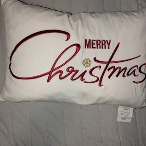 Festive Merry Christmas Pillow - Red Embroidered Letters- White Feather Pillow